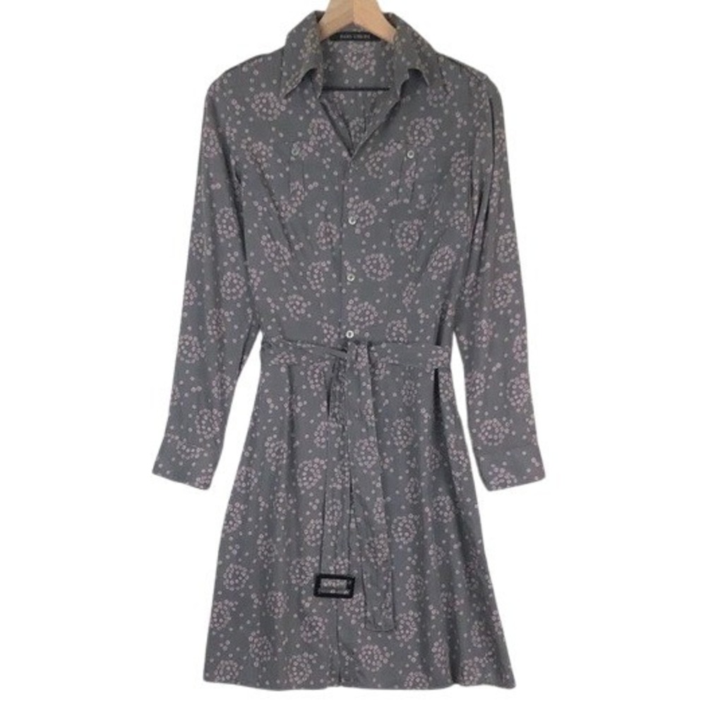 Hans Ubbink 100% Cotton Belted Midi Shirt Dress Sz L Gray Pink Flora L/S Belted